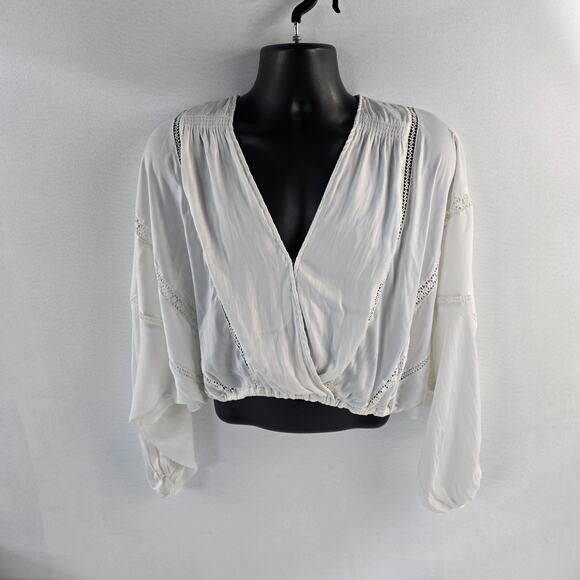 Free People Women’s White Long Sleeve Surplice Boho Peasant Blouse Size Small 65 - Picture 1 of 9